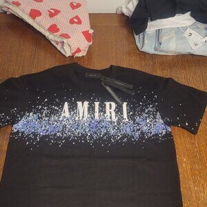 AMIRI Black Tee with Blue Speckled Design